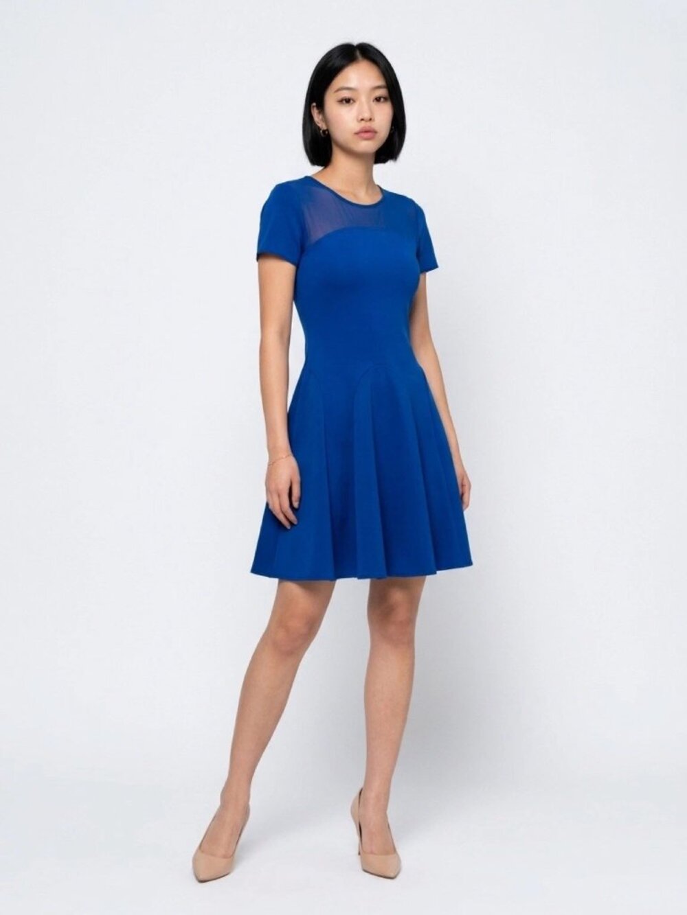 HALSTON HERITAGE Royal Blue Short Sleeve Fit & Flare Ponte Skater Short Dress Sz